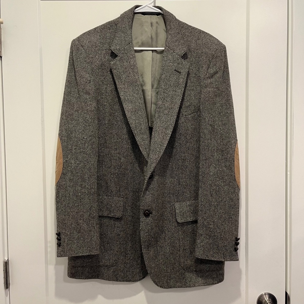 Allyn St George Grey Herringbone Wool Blazer Elbow Patches Sport Coat Mens 42R